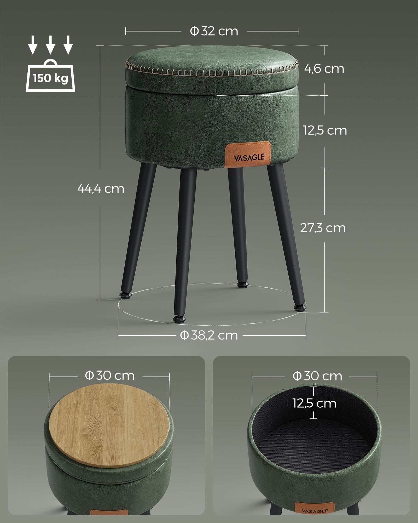 Pouf, Pouf de Rangement, Ottomans, Abouret de Coiffeuse, Tabouret de Rangement, PU avec Coutures, Vert Forêt, VASAGLE, 8