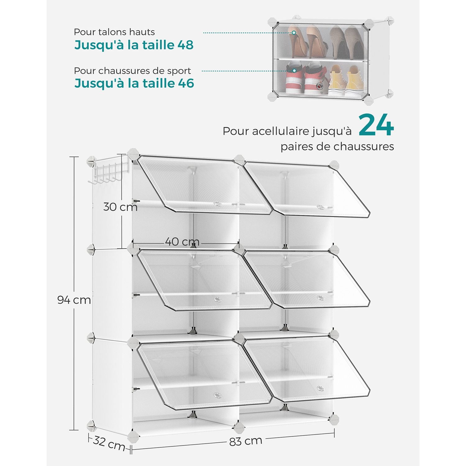 Meuble à Chaussures, Étagère à Chaussures, 6 Compartiments, avec Porte, Cadre en Acier, Blanc, SONGMICS, 9