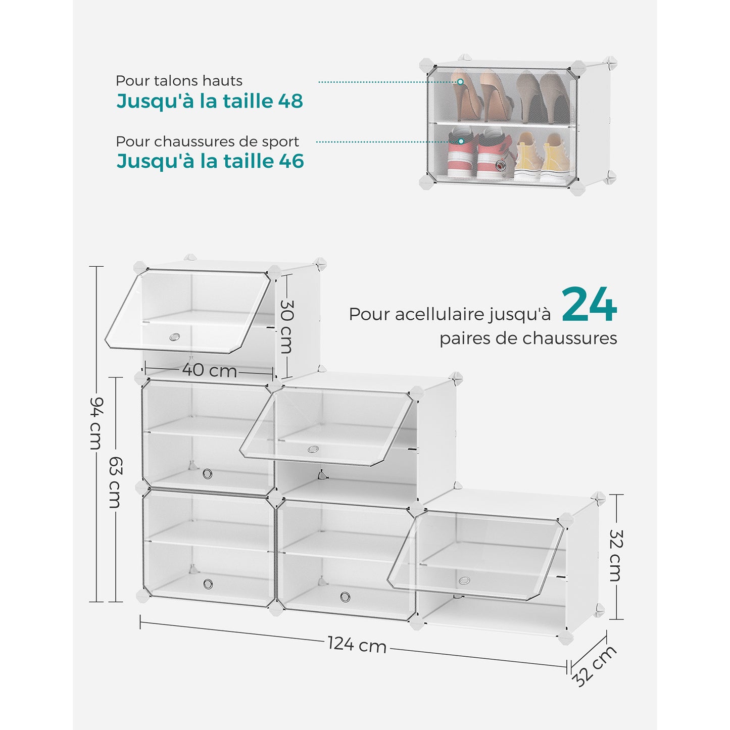 Meuble à Chaussures, Étagère à Chaussures, 6 Compartiments, avec Porte, Cadre en Acier, Blanc, SONGMICS, 10