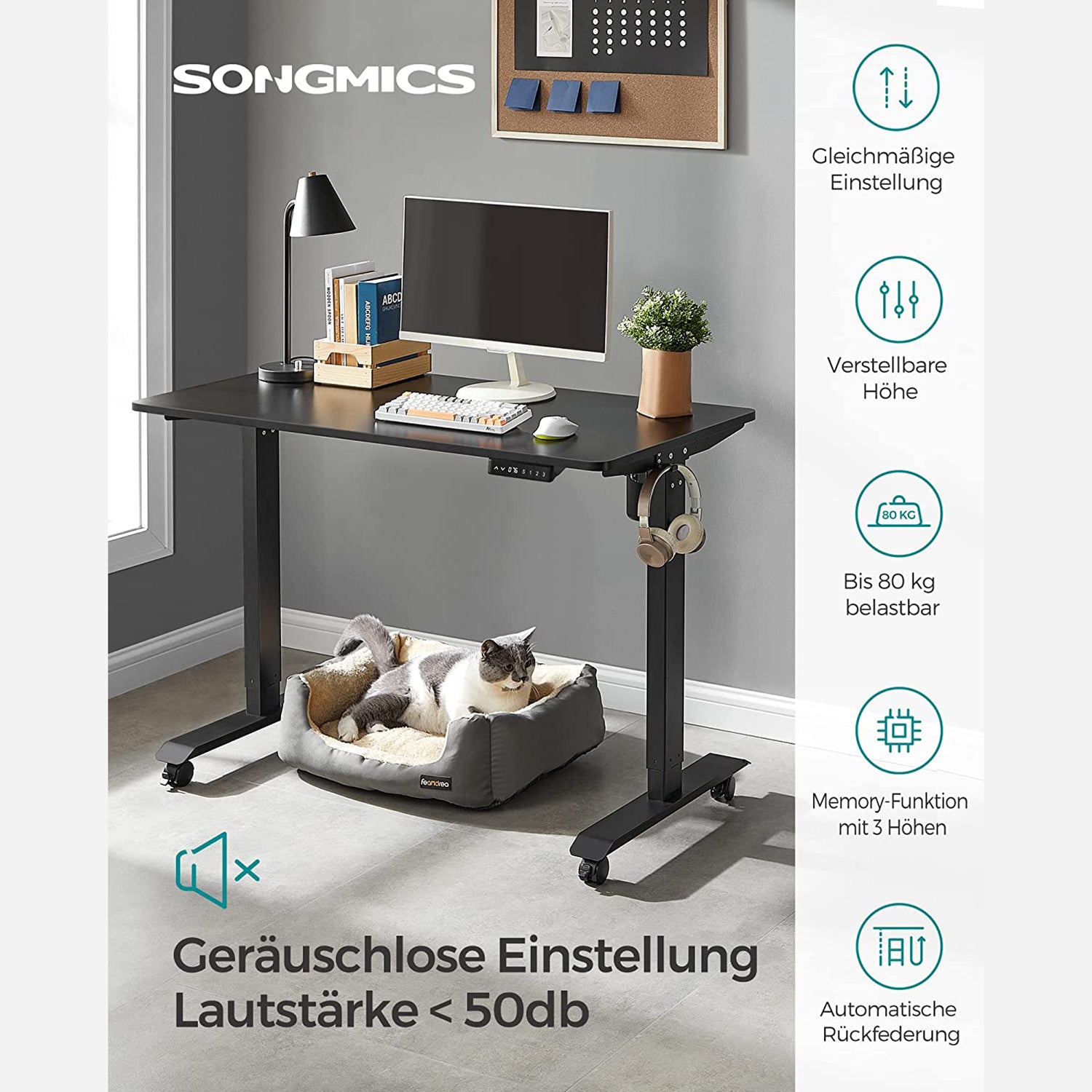 Bureau Electrique, Bureau Reglable Hauteur, Bureau Debout, 60 x 120 cm, Bureau de Travail, de 3 hauteurs, Noir, Songmics, 1