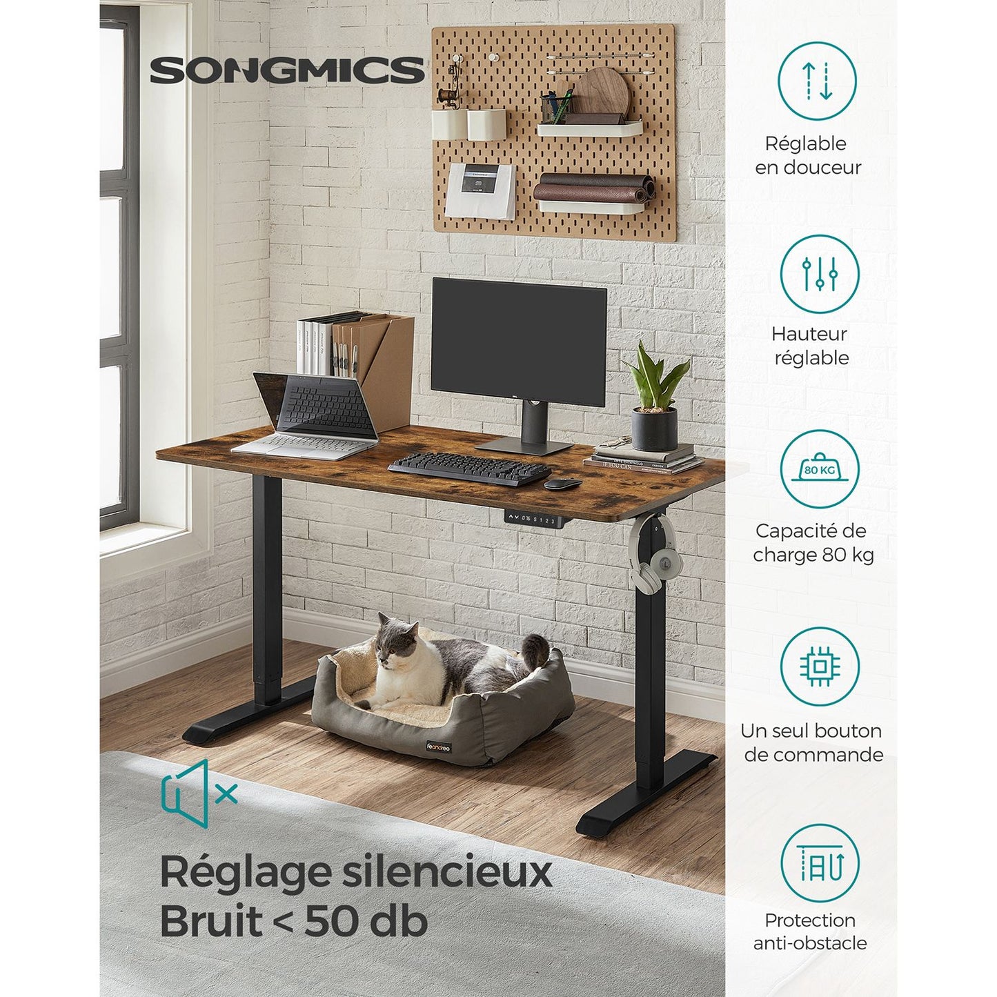 Bureau Electrique, Bureau Debout, Bureau Reglable Hauteur, 70 x 140 cm, de 3 Hauteurs, Marron Rustique et Noir, Songmics, 1
