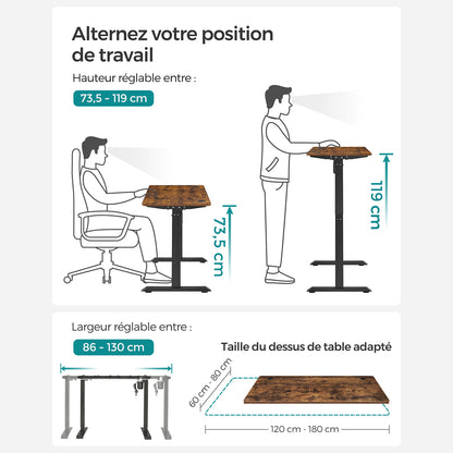 Bureau Electrique, Bureau Debout, Bureau Reglable Hauteur, 70 x 140 cm, de 3 Hauteurs, Marron Rustique et Noir, Songmics, 1