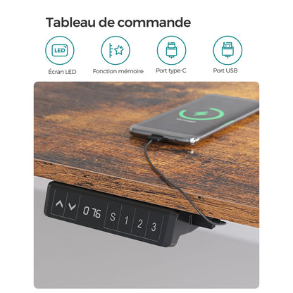 Bureau Electrique, Bureau Debout, Bureau Reglable Hauteur, 70 x 140 cm, de 3 Hauteurs, Marron Rustique et Noir, Songmics, 1