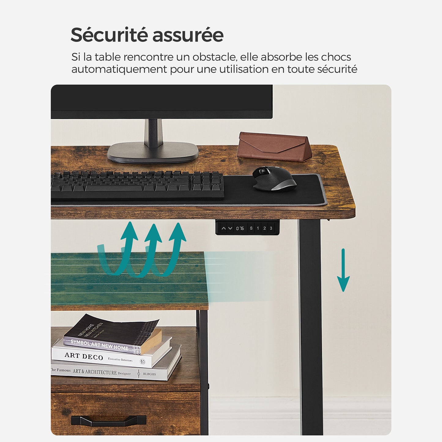 Bureau Electrique, Bureau Debout, Bureau Reglable Hauteur, 70 x 140 cm, de 3 Hauteurs, Marron Rustique et Noir, Songmics, 1