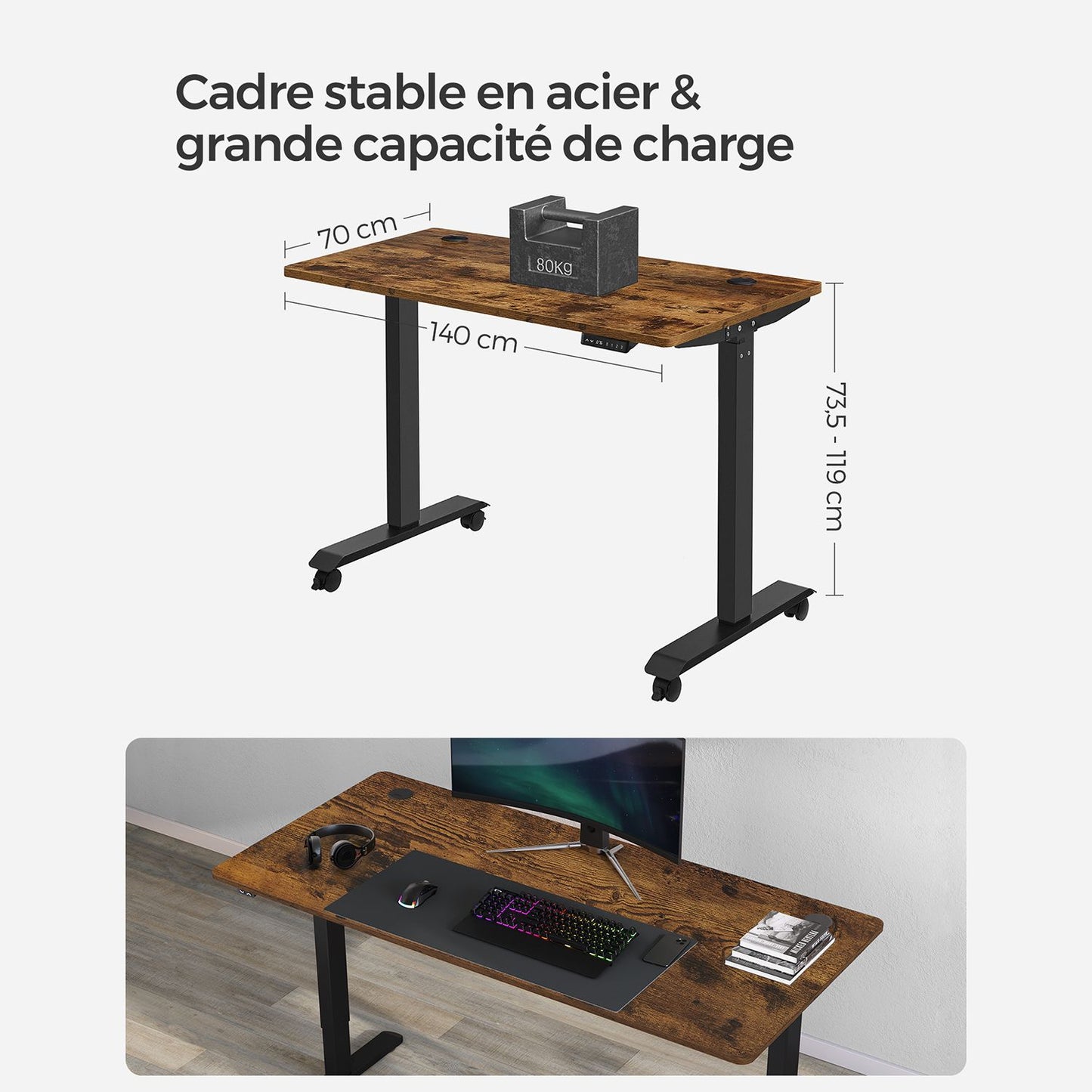 Bureau Electrique, Bureau Debout, Bureau Reglable Hauteur, 70 x 140 cm, de 3 Hauteurs, Marron Rustique et Noir, Songmics, 1