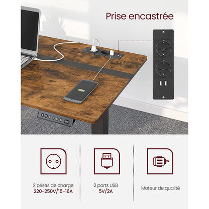 Bureau Electrique, Bureau Assis Debout Electrique, 60 x 140 cm, de 4 Hauteurs, Marron Rustique et Noir, Vasagle, 1