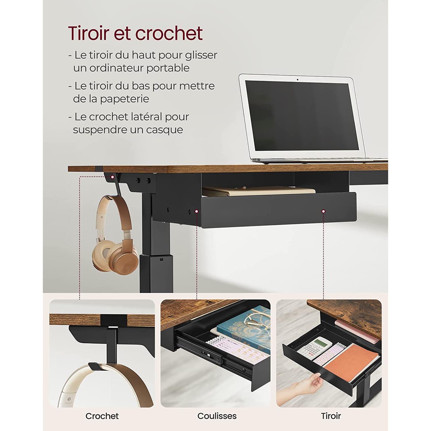 Bureau Electrique, Bureau Assis Debout Electrique, 60 x 140 cm, de 4 Hauteurs, Marron Rustique et Noir, Vasagle, 1