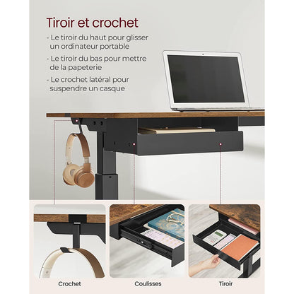 Bureau Electrique, Bureau Assis Debout Electrique, 60 x 140 cm, de 4 Hauteurs, Marron Rustique et Noir, Vasagle, 1