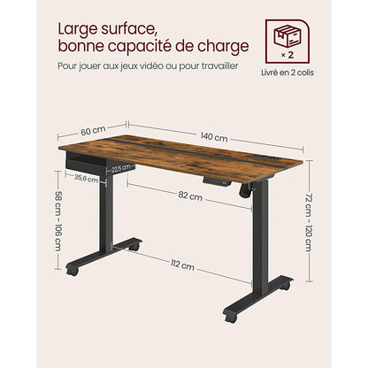 Bureau Electrique, Bureau Assis Debout Electrique, 60 x 140 cm, de 4 Hauteurs, Marron Rustique et Noir, Vasagle, 1