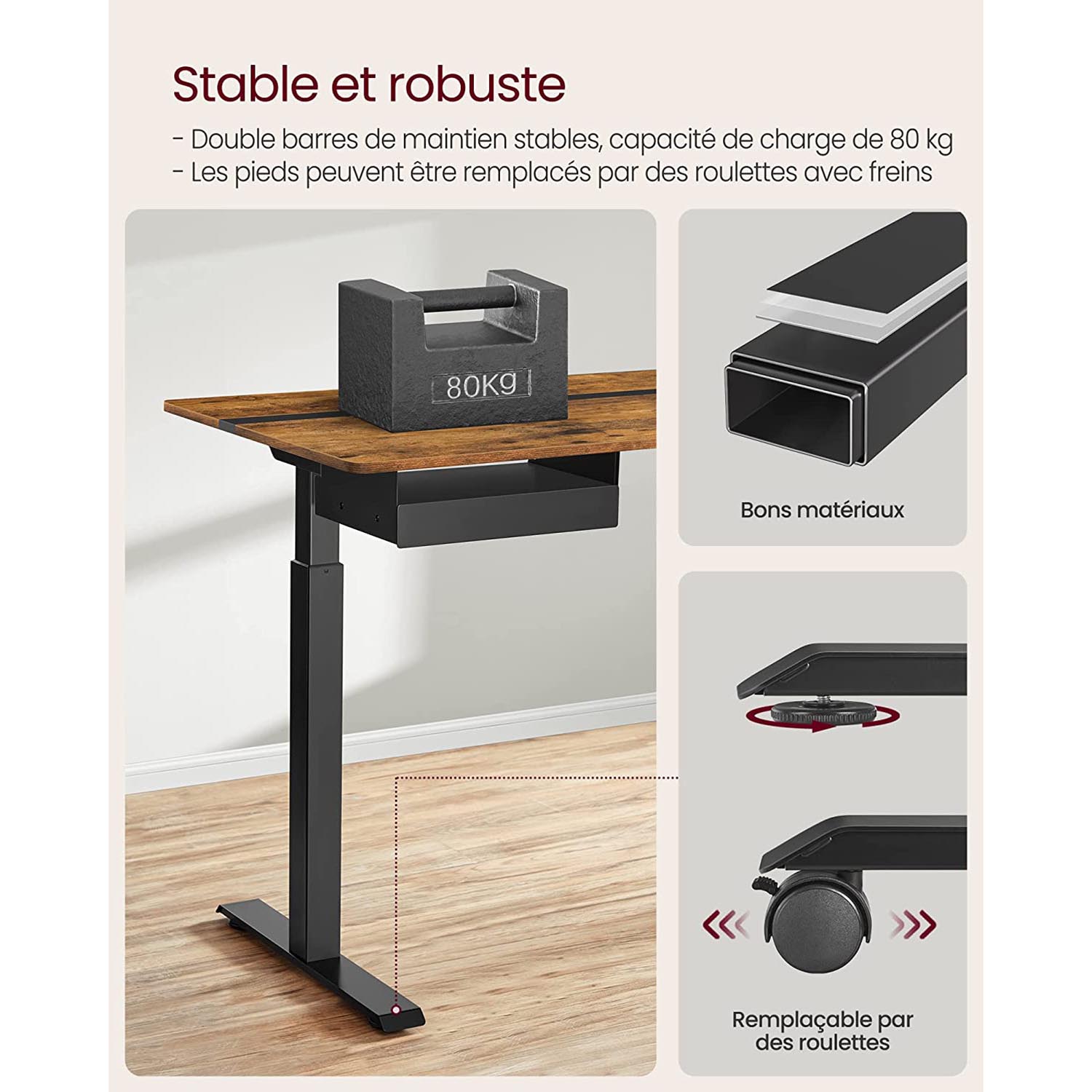 Bureau Electrique, Bureau Assis Debout Electrique, 60 x 140 cm, de 4 Hauteurs, Marron Rustique et Noir, Vasagle, 1