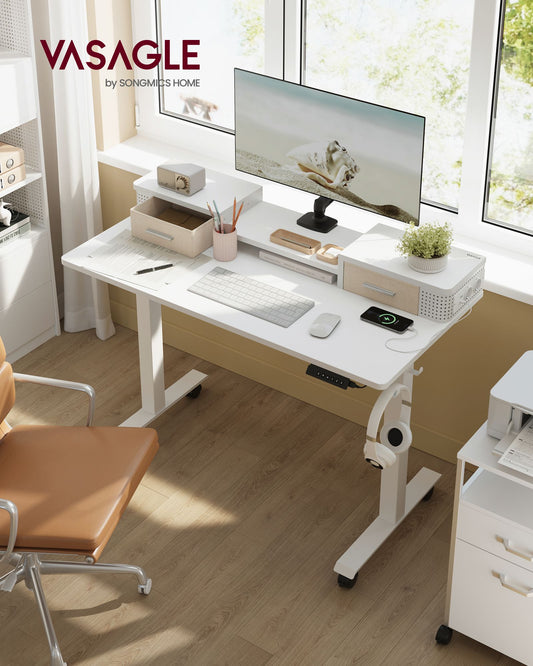 Bureau Electrique, Bureau de Travail, Bureau Debout, 60x120 cm, Réglable en Continu, Support pour Écran, Blanc, Vasagle, 1
