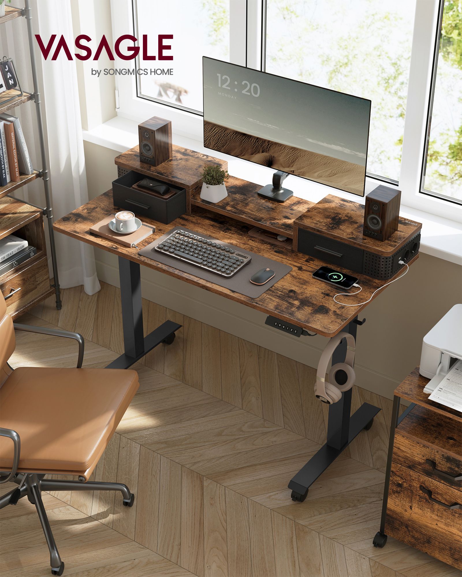 Bureau Electrique, Bureau de Travail, Bureau Debout, Bureau Assis Debout Electrique, 60 x 120 cm, Marron Rustique, Vasagle, 1