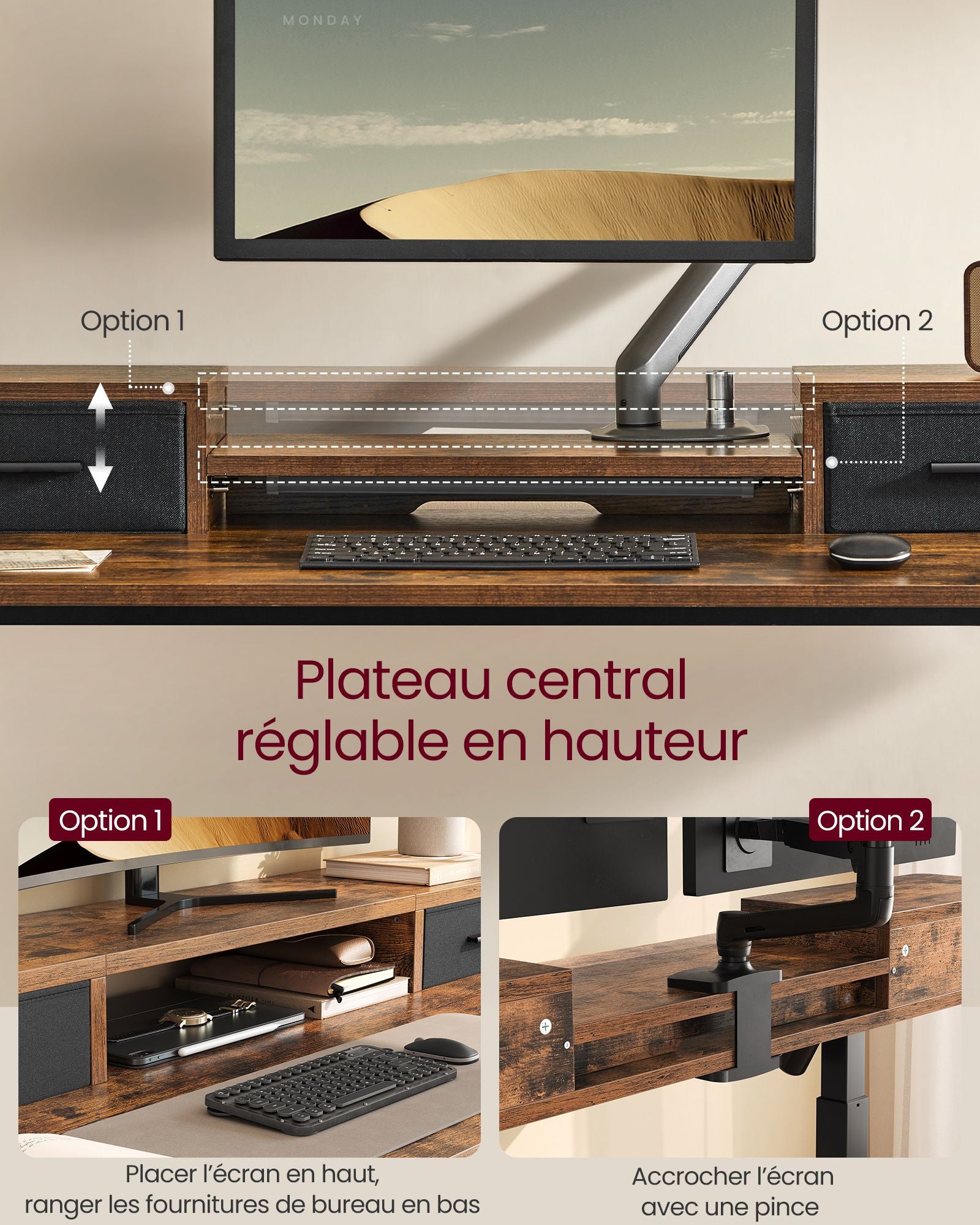 Bureau Electrique, Bureau de Travail, Bureau Debout, Bureau Assis Debout Electrique, 60 x 120 cm, Marron Rustique, Vasagle, 1