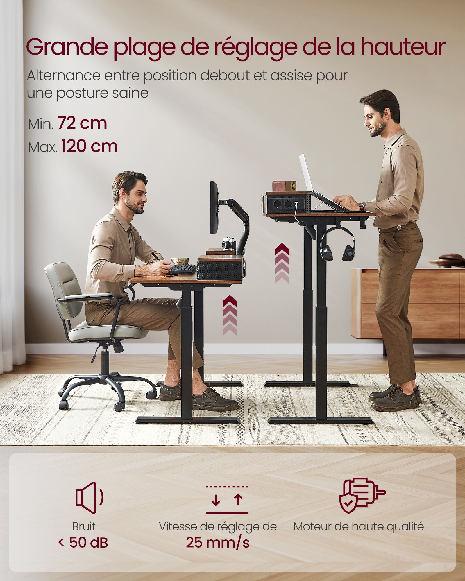 Bureau Electrique, Bureau de Travail, Bureau Debout, Bureau Assis Debout Electrique, 60 x 120 cm, Marron Rustique, Vasagle, 1