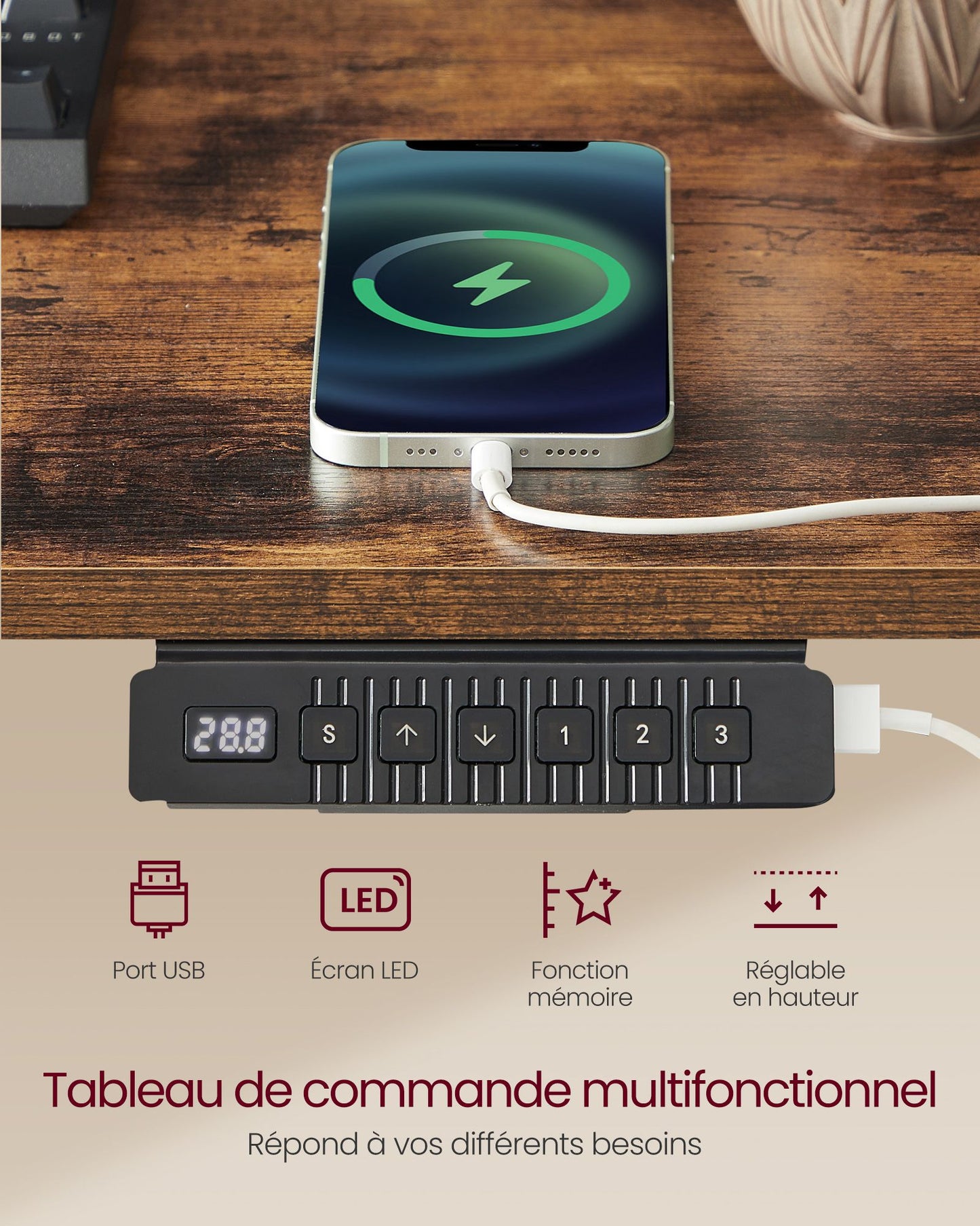 Bureau Electrique, Bureau de Travail, Bureau Debout, Bureau Assis Debout Electrique, 60 x 120 cm, Marron Rustique, Vasagle, 1