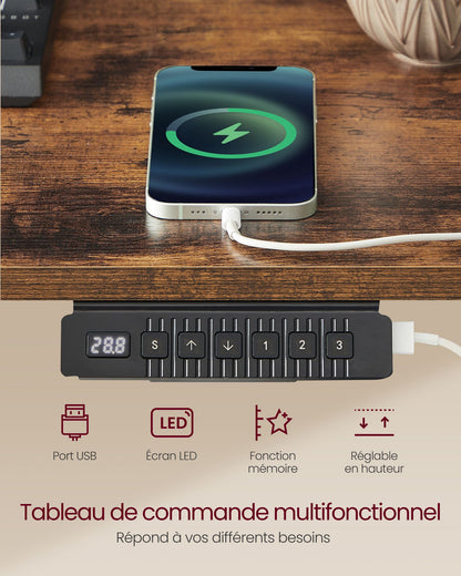 Bureau Electrique, Bureau de Travail, Bureau Debout, Bureau Assis Debout Electrique, 60 x 120 cm, Marron Rustique, Vasagle, 1