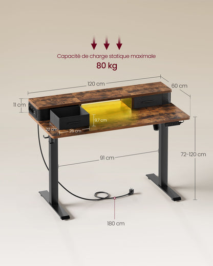 Bureau Electrique, Bureau de Travail, Bureau Debout, Bureau Assis Debout Electrique, 60 x 120 cm, Marron Rustique, Vasagle, 1