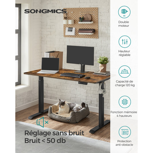 Bureau Electrique, Bureau Reglable Hauteur, Bureau Debout, 70x140cm, Double Moteur, 4 Hauteurs, Marron Rustique Noir, Songmics, 1