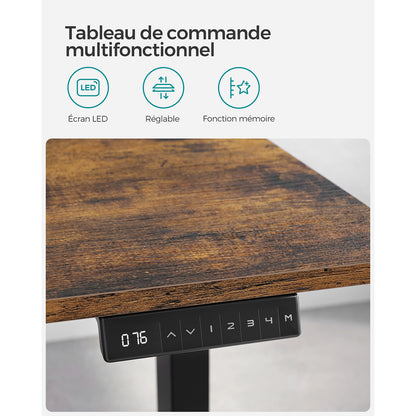 Bureau Electrique, Bureau Reglable Hauteur, Bureau Debout, 70x140cm, Double Moteur, 4 Hauteurs, Marron Rustique Noir, Songmics, 1