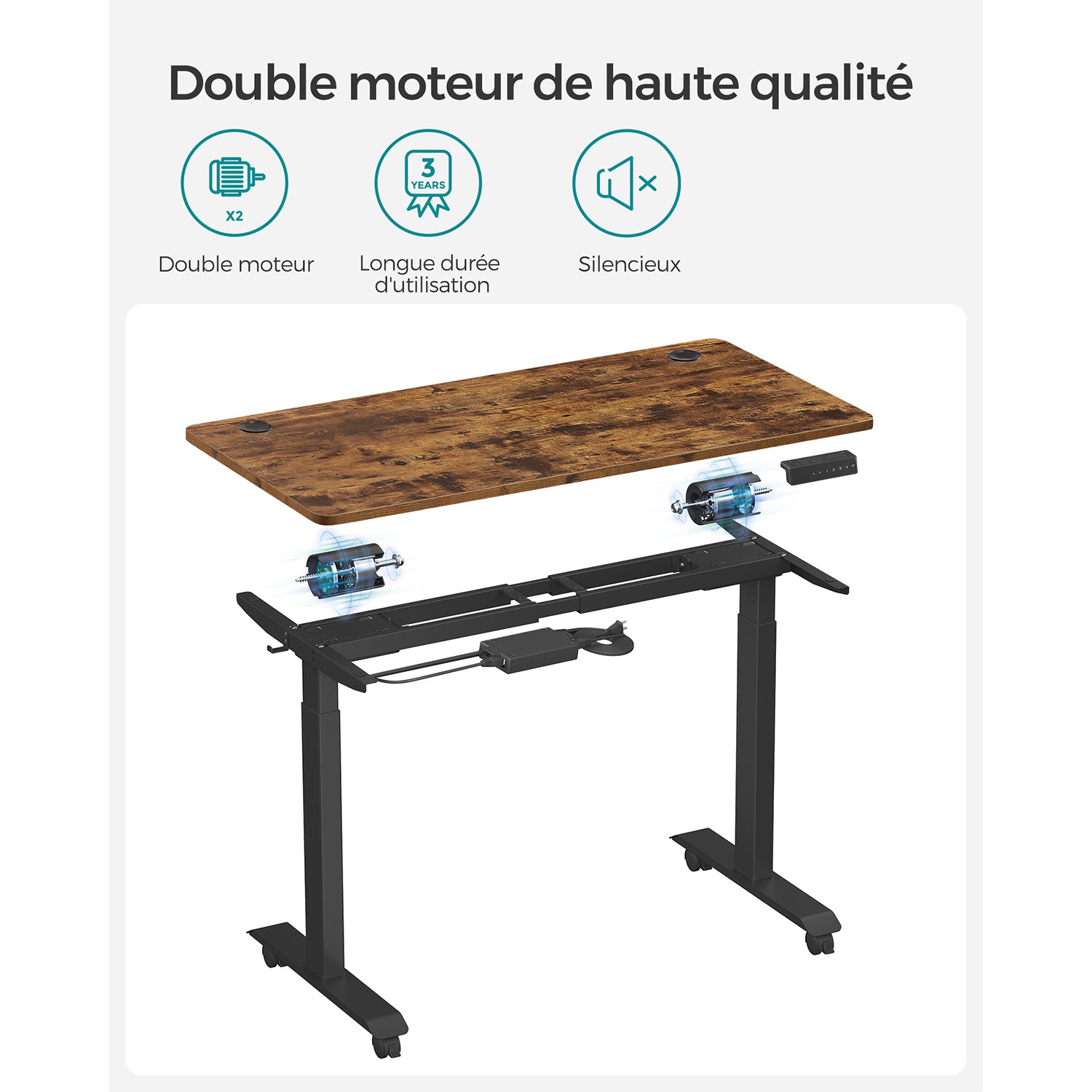 Bureau Electrique, Bureau Reglable Hauteur, Bureau Debout, 70x140cm, Double Moteur, 4 Hauteurs, Marron Rustique Noir, Songmics, 1
