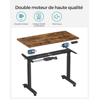 Bureau Electrique, Bureau Reglable Hauteur, Bureau Debout, 70x140cm, Double Moteur, 4 Hauteurs, Marron Rustique Noir, Songmics, 1