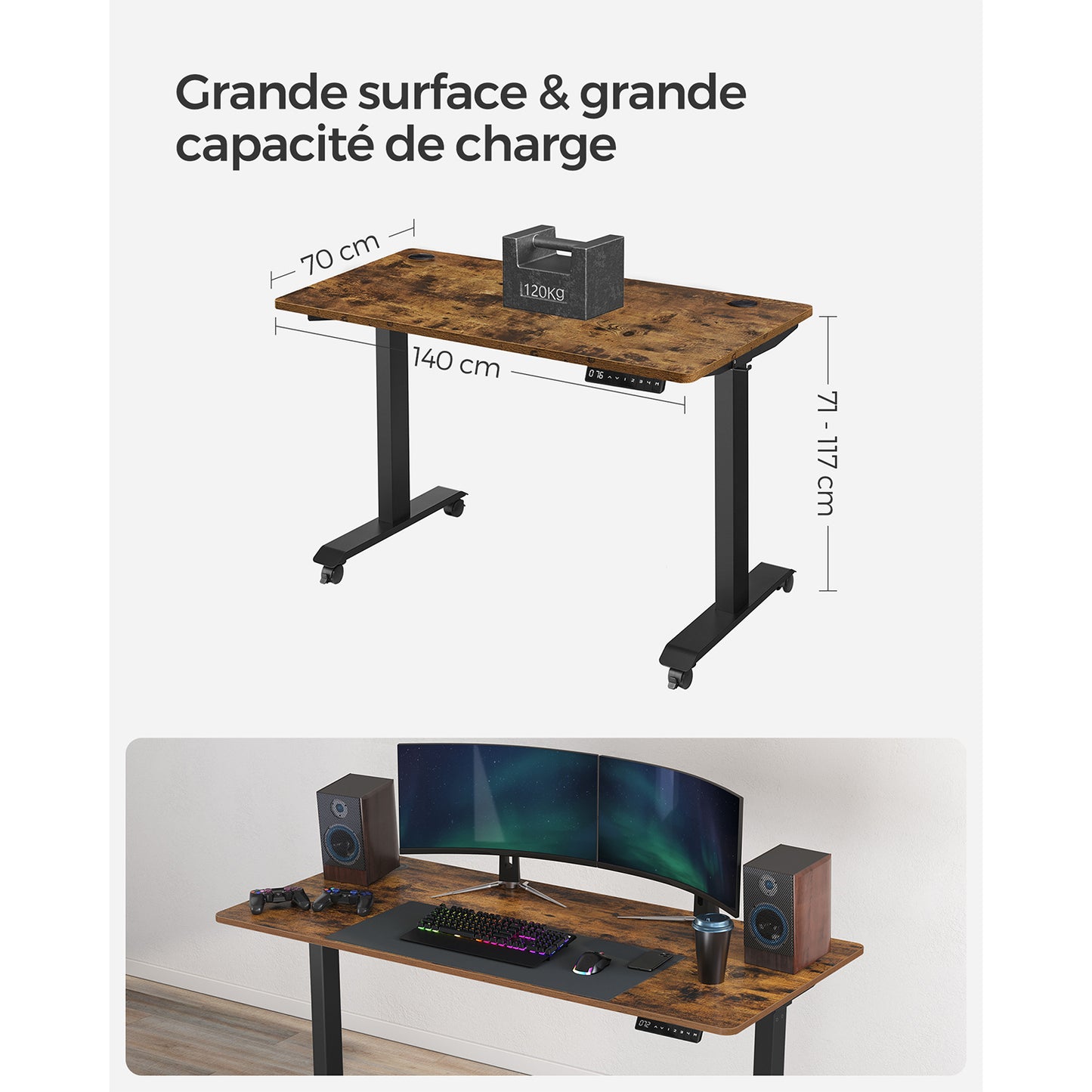 Bureau Electrique, Bureau Reglable Hauteur, Bureau Debout, 70x140cm, Double Moteur, 4 Hauteurs, Marron Rustique Noir, Songmics, 1