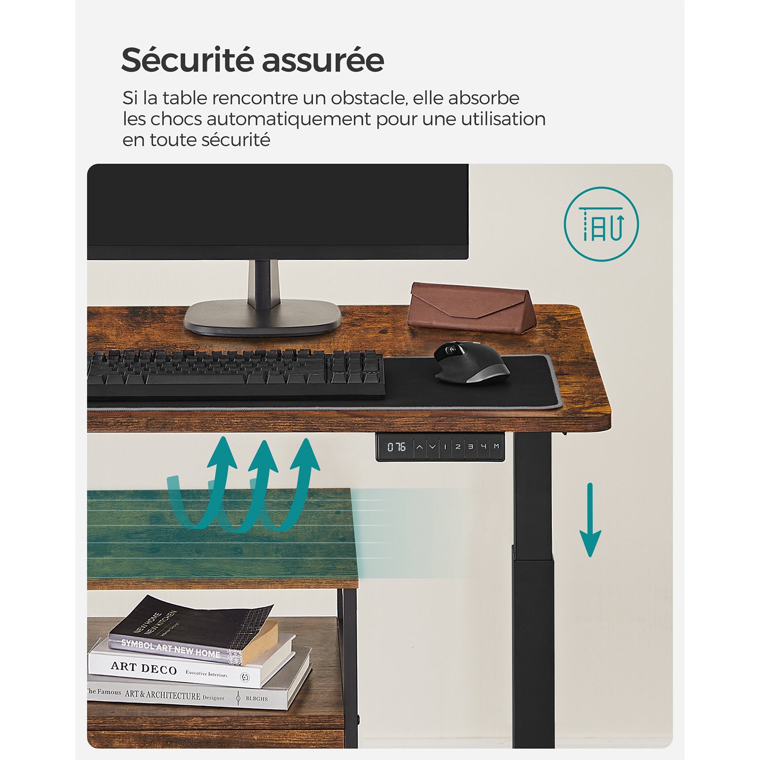 Bureau Electrique, Bureau Reglable Hauteur, Bureau Debout, 70x140cm, Double Moteur, 4 Hauteurs, Marron Rustique Noir, Songmics, 1