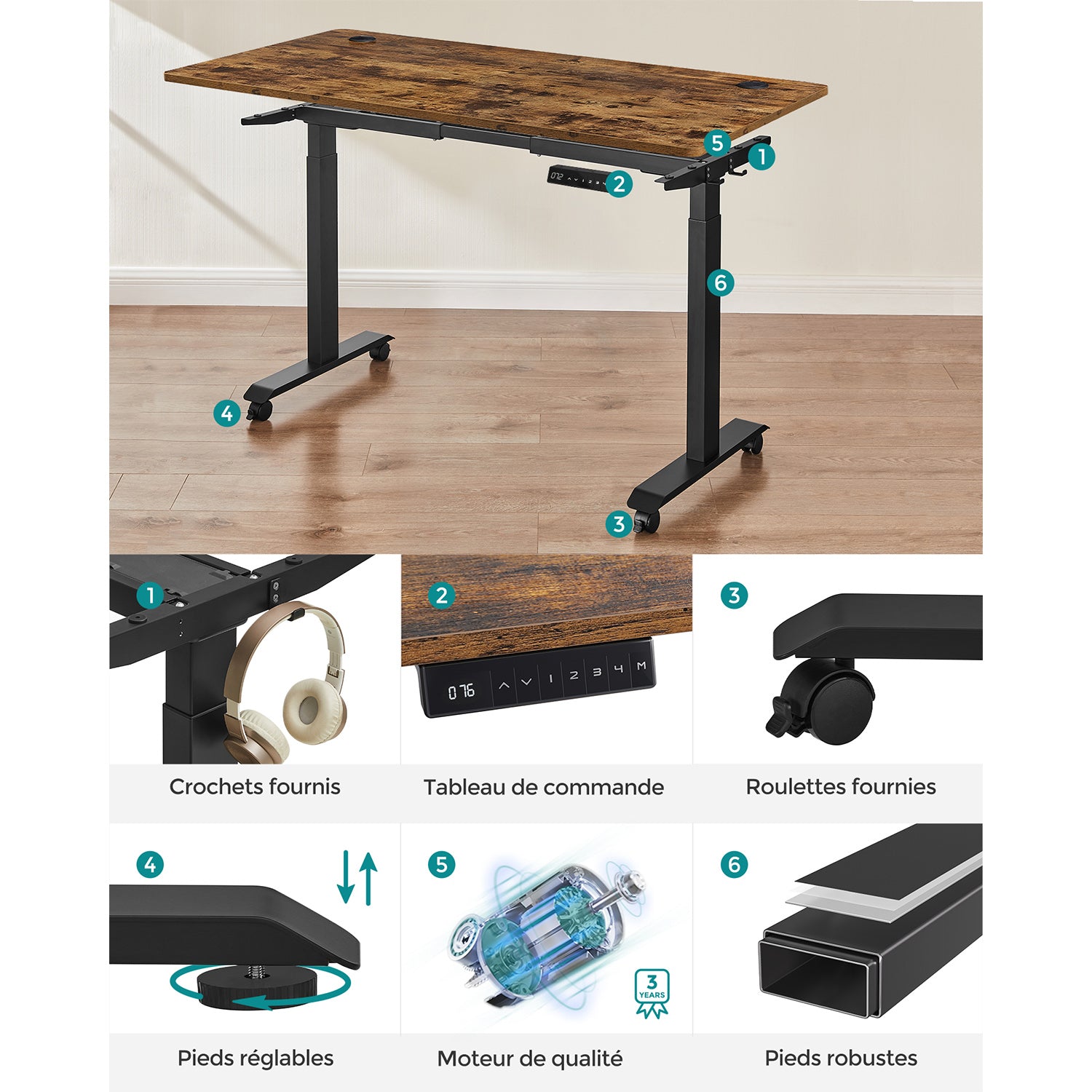 Bureau Electrique, Bureau Reglable Hauteur, Bureau Debout, 70x140cm, Double Moteur, 4 Hauteurs, Marron Rustique Noir, Songmics, 1