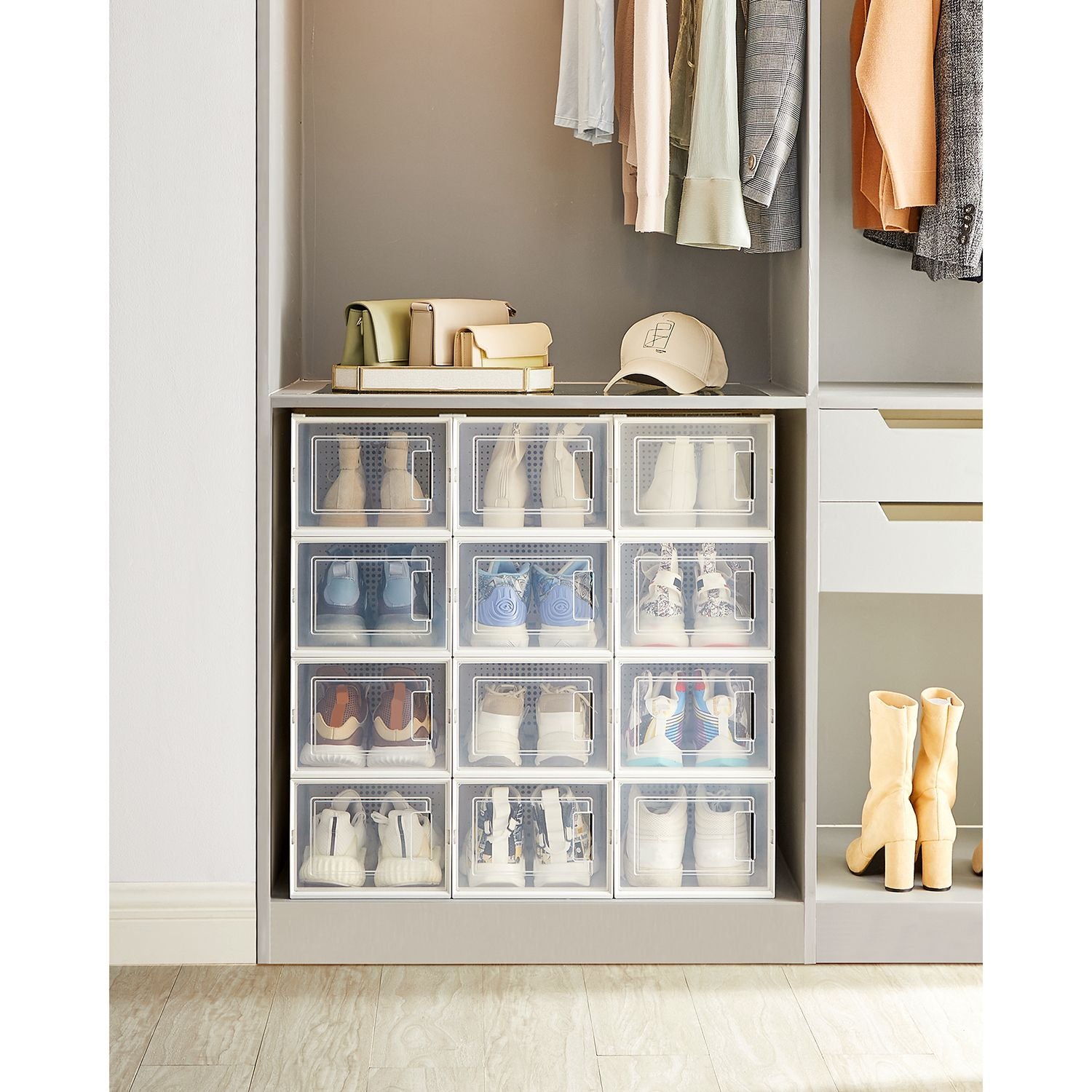 Boite a chaussure, Lot de 12, Boite Rangement Chaussures, Pliable, Pointure jusqu’à 46, Transparent et Blanc, SONGMICS, 3