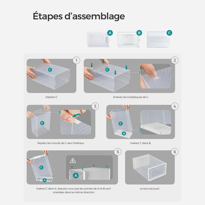 Boite a chaussure, Lot de 12, Boite Rangement Chaussures, Pliable, Pointure jusqu’à 46, Transparent et Blanc, SONGMICS, 8