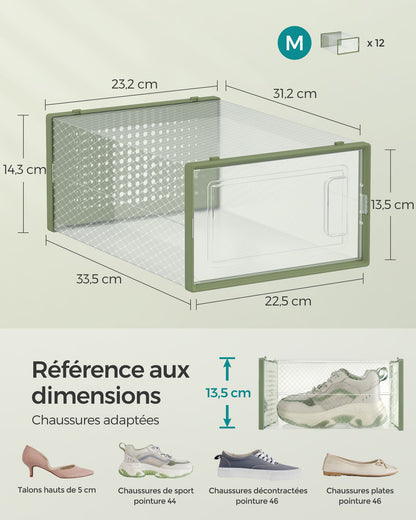 Boite a chaussure, Lot de 12, Boite Rangement Chaussures, Pliable, Pointure jusqu’à 44, Transparent et Vert, SONGMICS, 7