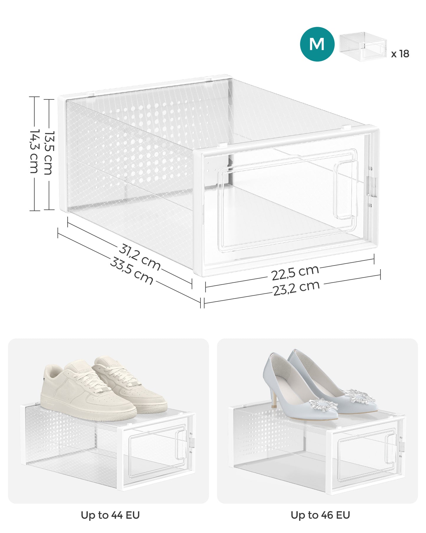 Boite a chaussure, Lot de 18, Boite Rangement Chaussures, Pliable, Pointure jusqu’à 44, Transparent et Blanc, SONGMICS, 7