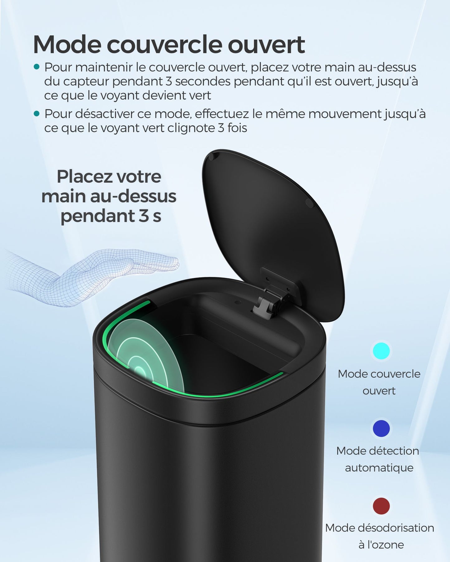Poubelle, 50L, Poubelle de Cuisine, avec Détecteur de Mouvement Automatique, Acier, Noir, SONGMICS, 5