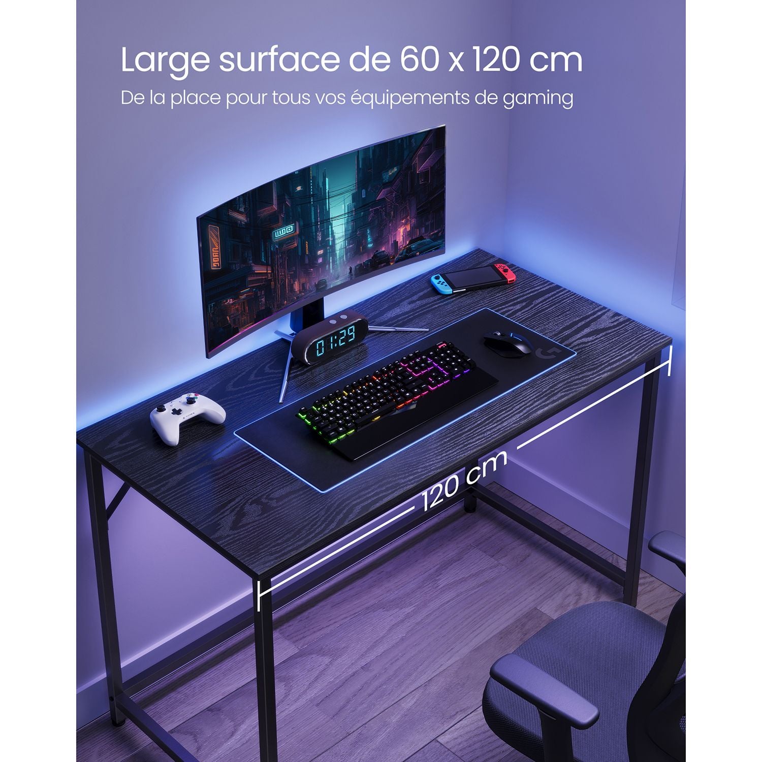 Bureau, Petit Bureau, Bureau PC, Table, Bureau de Travail, 60 x 120 x 75 cm, Noir, Vasagle, 1