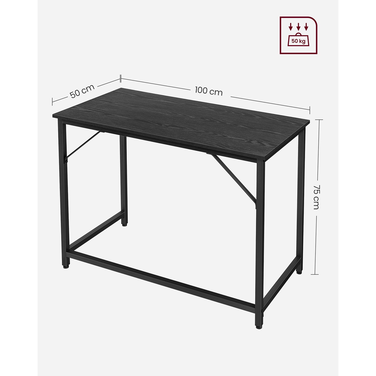 Bureau, Petit Bureau, Bureau PC, Table, Bureau de Travail, 50 x 100 x 76 cm, Montage Facile, Noir, Vasagle, 1