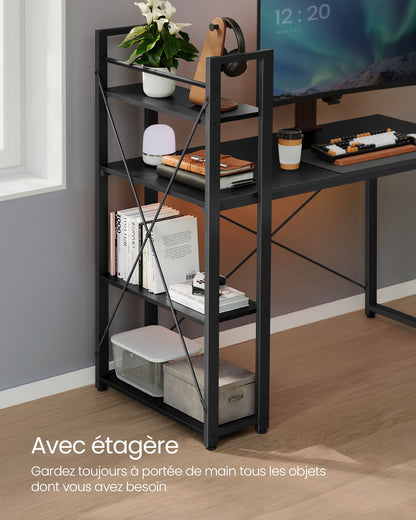 Bureau, Bureau PC, Table, Bureau de Travail, avec Étagères, Longueur 120 cm, Montage Facile, Noir, Vasagle, 1
