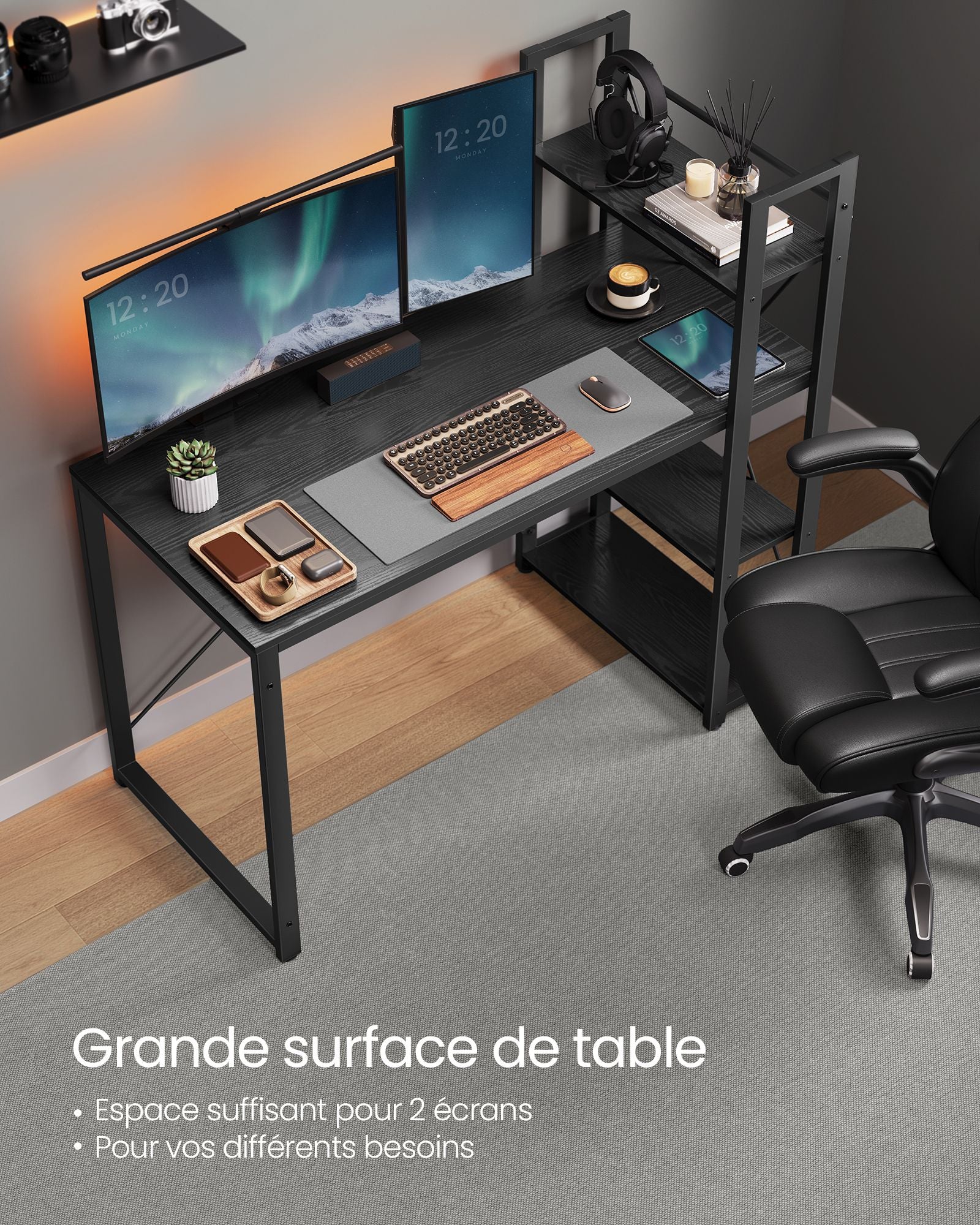 Bureau, Bureau PC, Table, Bureau de Travail, avec Étagères, Longueur 120 cm, Montage Facile, Noir, Vasagle, 1
