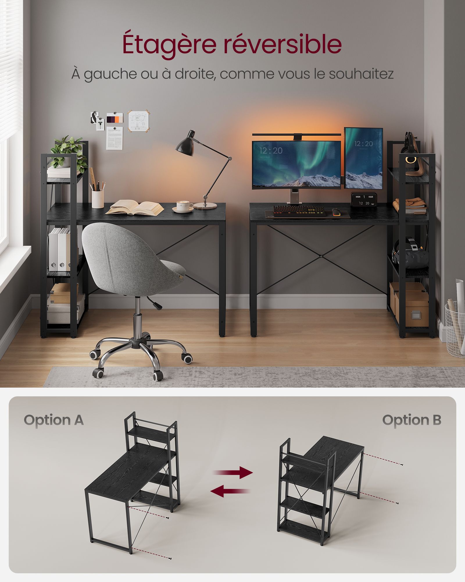 Bureau, Bureau PC, Table, Bureau de Travail, avec Étagères, Longueur 120 cm, Montage Facile, Noir, Vasagle, 1