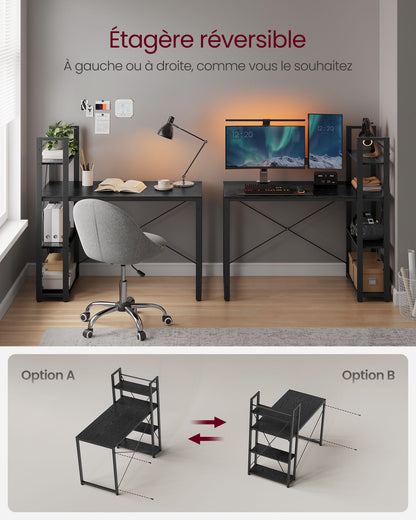 Bureau, Bureau PC, Table, Bureau de Travail, avec Étagères, Longueur 120 cm, Montage Facile, Noir, Vasagle, 1