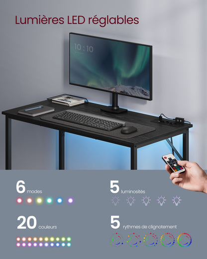 Bureau Gamer, Bureau Ordinateur,  Bureau PC, Lumières LED, Prises de Courant Intégrées, Noir, Vasagle, 1