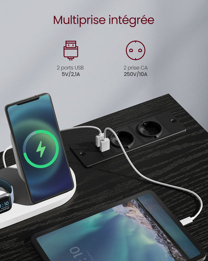 Bureau Gamer, Bureau Ordinateur,  Bureau PC, Lumières LED, Prises de Courant Intégrées, Noir, Vasagle, 1