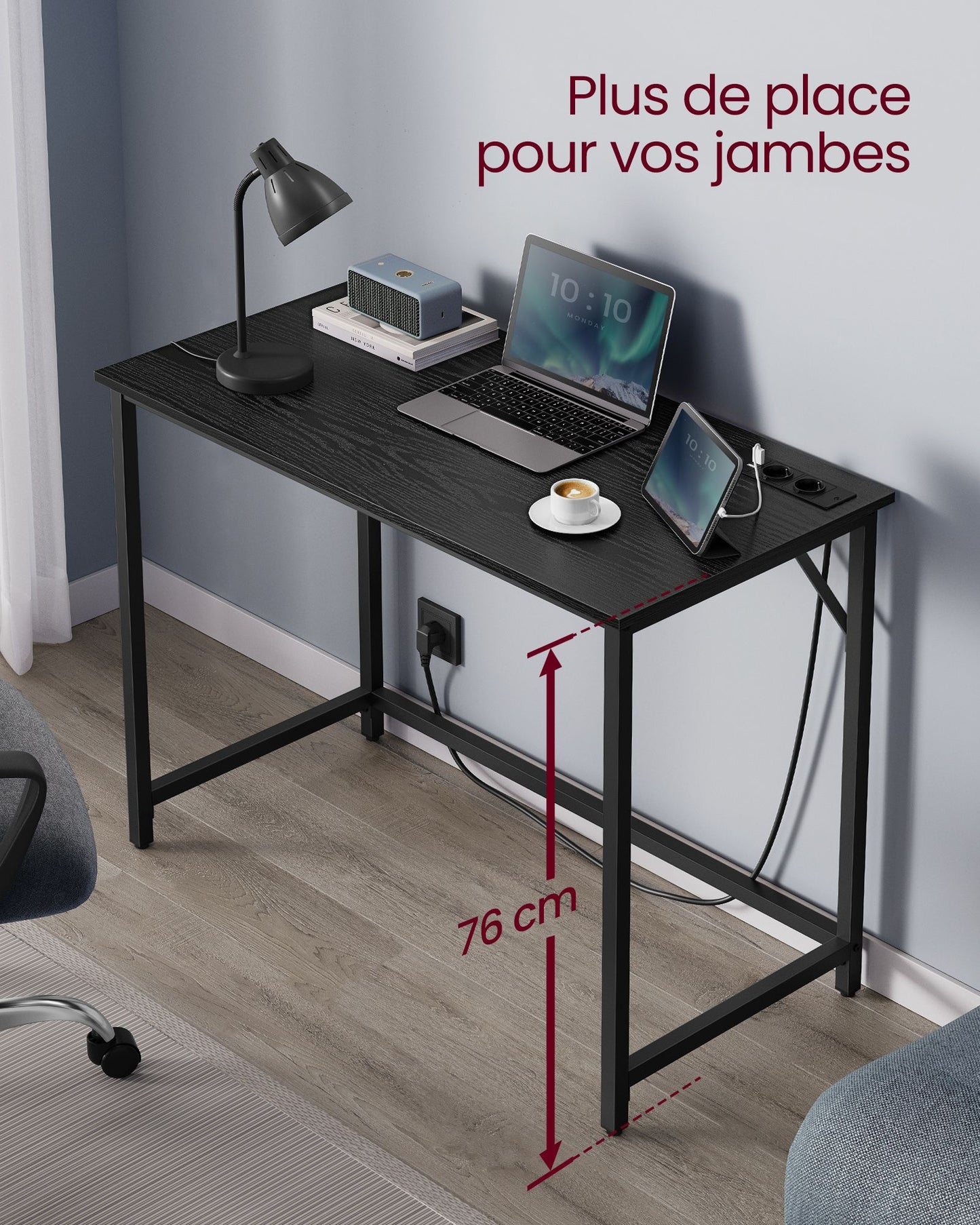 Bureau Gamer, Bureau Ordinateur,  Bureau PC, Lumières LED, Prises de Courant Intégrées, Noir, Vasagle, 1