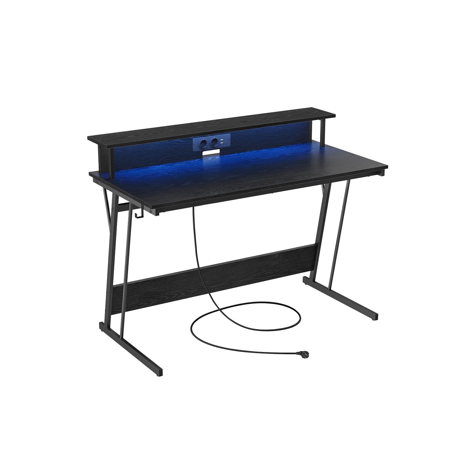 Bureau, Bureau Gamer, Bureau Ordinateur, Bureau PC, avec LED et Multiprise, pour 2 Ordinateurs, Noir, Vasagle, 1
