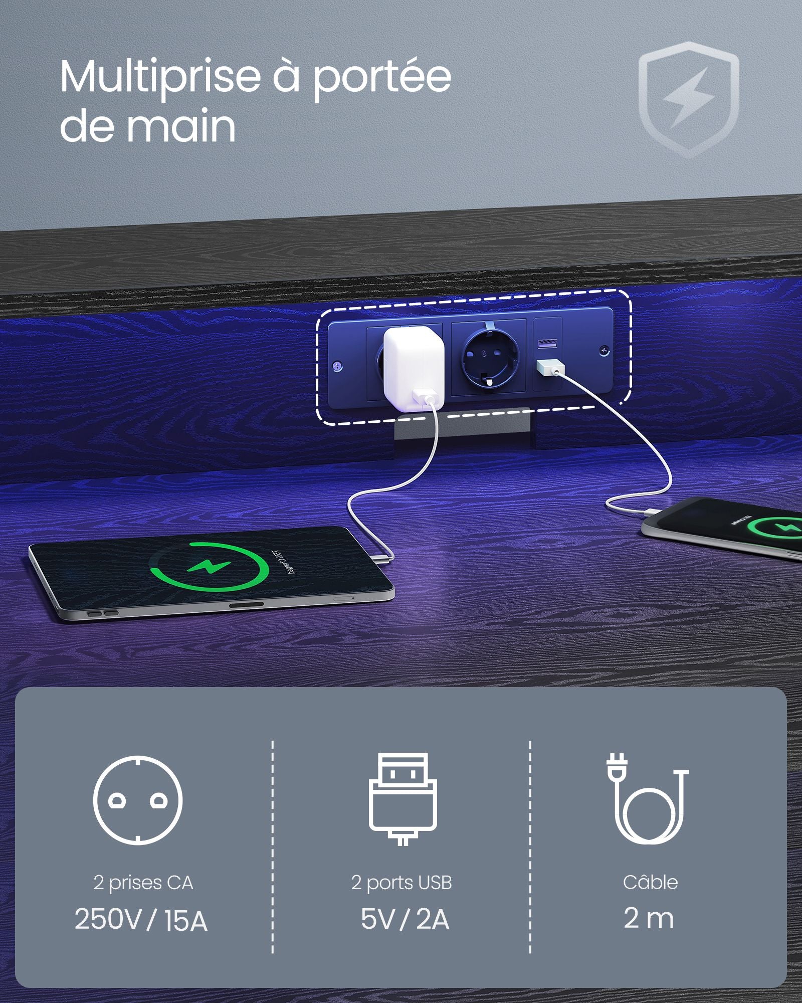 Bureau, Bureau Gamer, Bureau Ordinateur, Bureau PC, avec LED et Multiprise, pour 2 Ordinateurs, Noir, Vasagle, 1