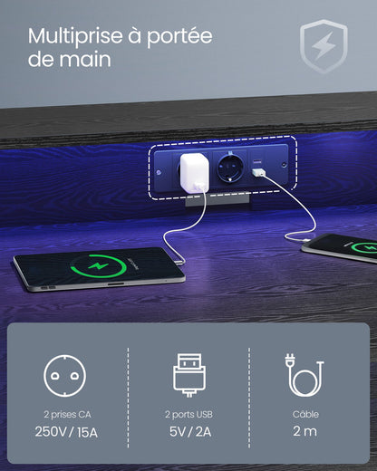 Bureau, Bureau Gamer, Bureau Ordinateur, Bureau PC, avec LED et Multiprise, pour 2 Ordinateurs, Noir, Vasagle, 1