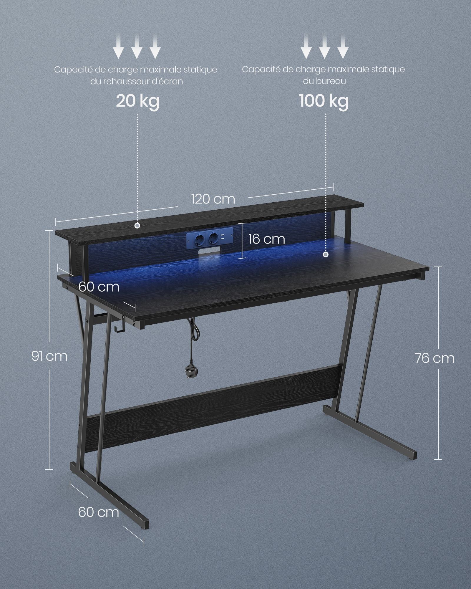 Bureau, Bureau Gamer, Bureau Ordinateur, Bureau PC, avec LED et Multiprise, pour 2 Ordinateurs, Noir, Vasagle, 1