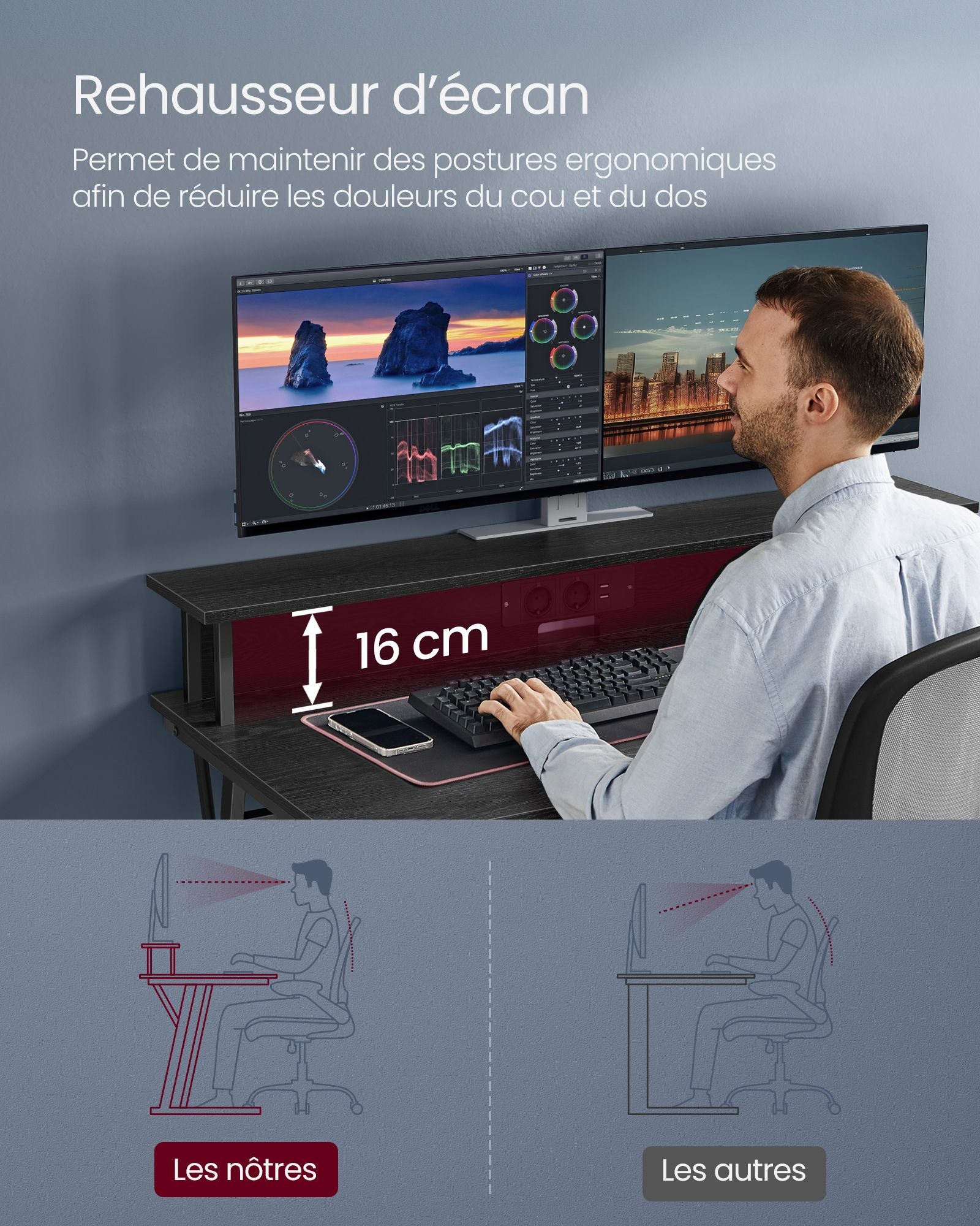Bureau, Bureau Gamer, Bureau Ordinateur, Bureau PC, avec LED et Multiprise, pour 2 Ordinateurs, Noir, Vasagle, 1