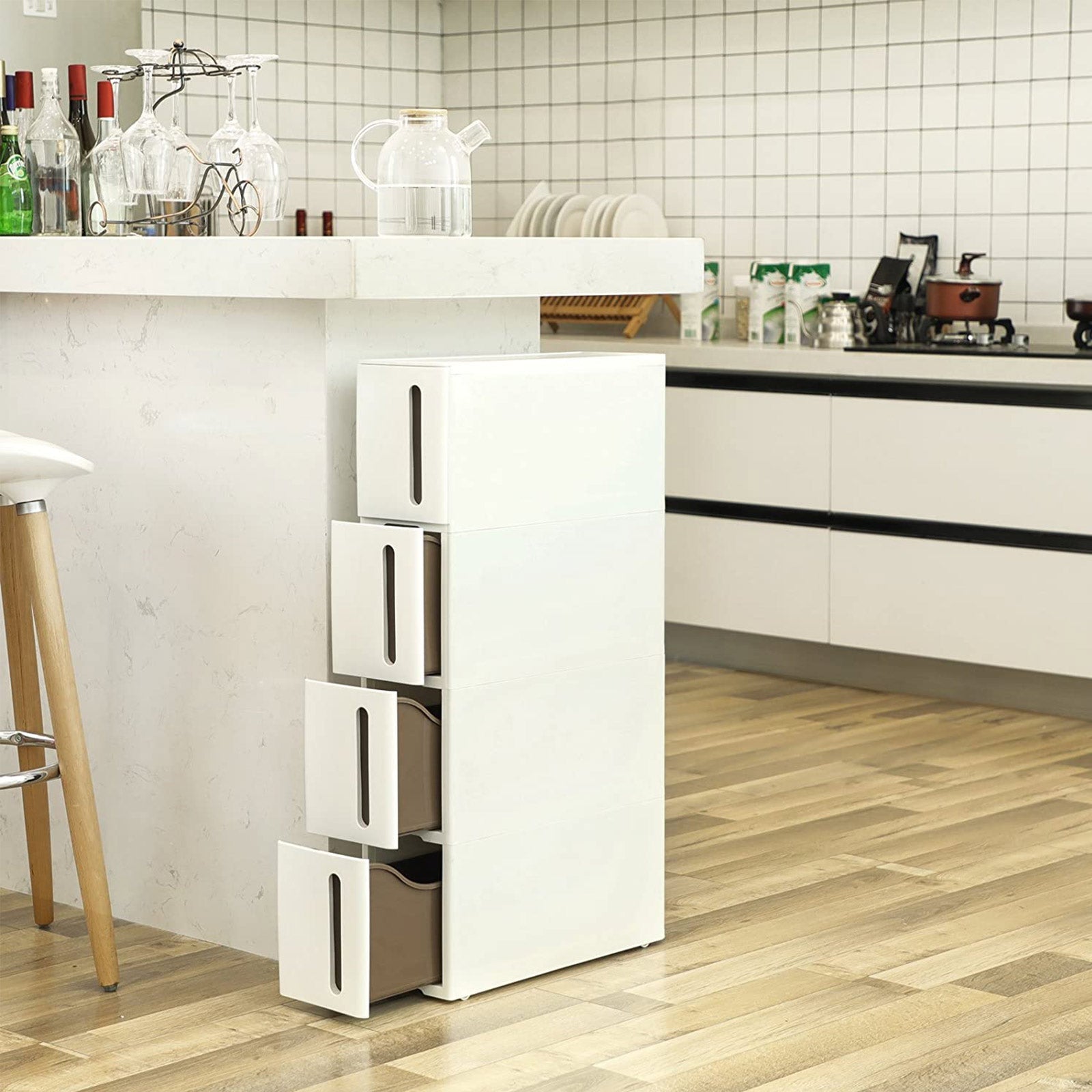Etagere niche, avec roulettes, Desserte cuisine, avec 4 tiroirs, Extensible, Blanc, Songmics, 1