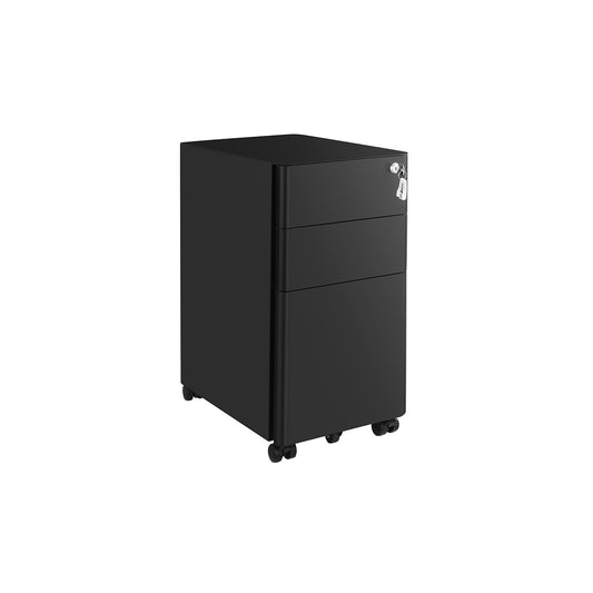 Caisson Bureau, 3 tiroirs et Serrure, Armoire metallique bureau, Meuble Rangement Bureau, avec Roulettes, Acier, Noir, Songmics, 1