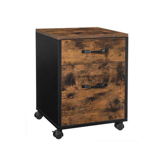 Caisson Bureau, 2 Tiroirs, Rangement Bureau, Roulettes, Petit Meuble Mobile, Support d’Imprimante, Marron Rustique Noir, Vasagle, 1